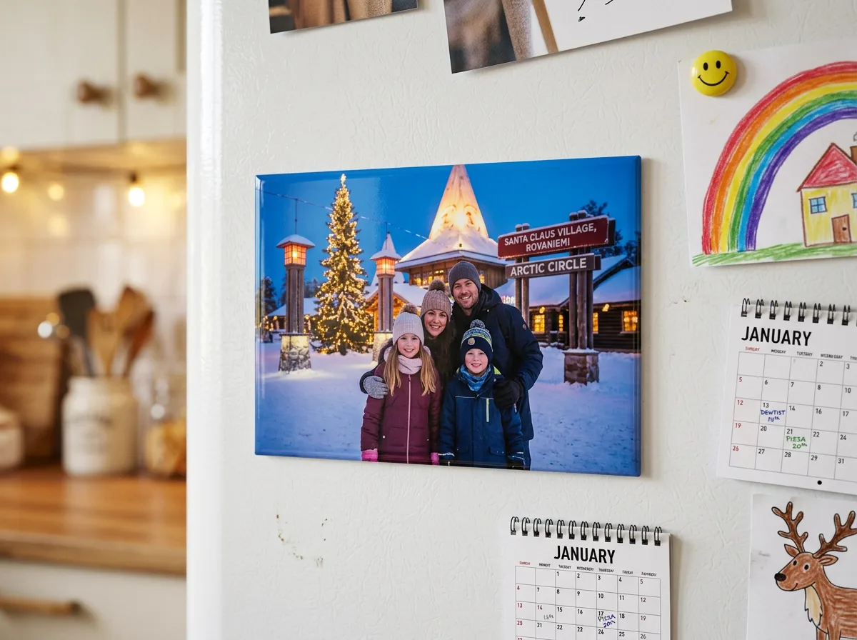 Fridge magnet of a family at the Arctic Circle sign in Santa Claus Village