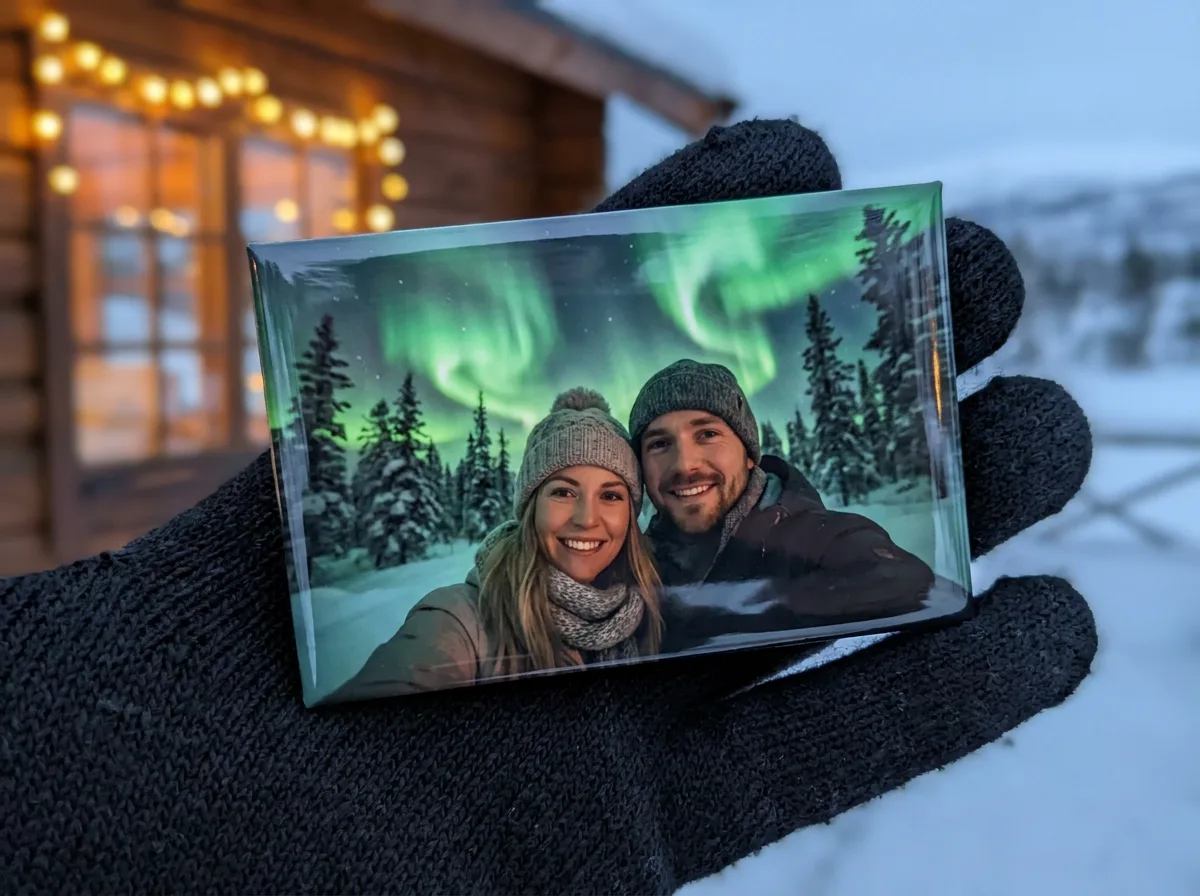 Fridge magnet with a couple's selfie under the northern lights, held in a gloved hand