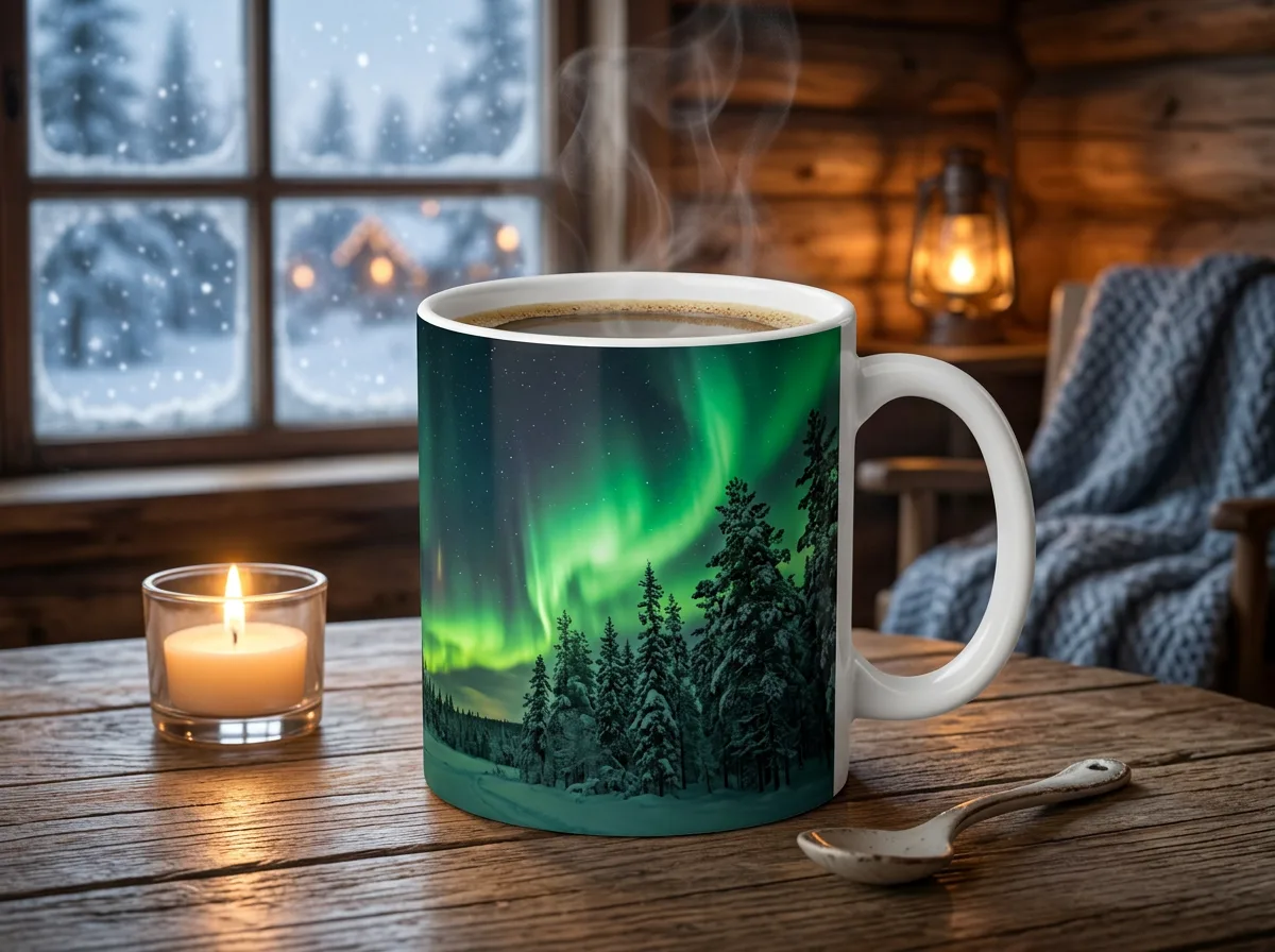 White mug printed all the way round with a green aurora over snowy spruce trees